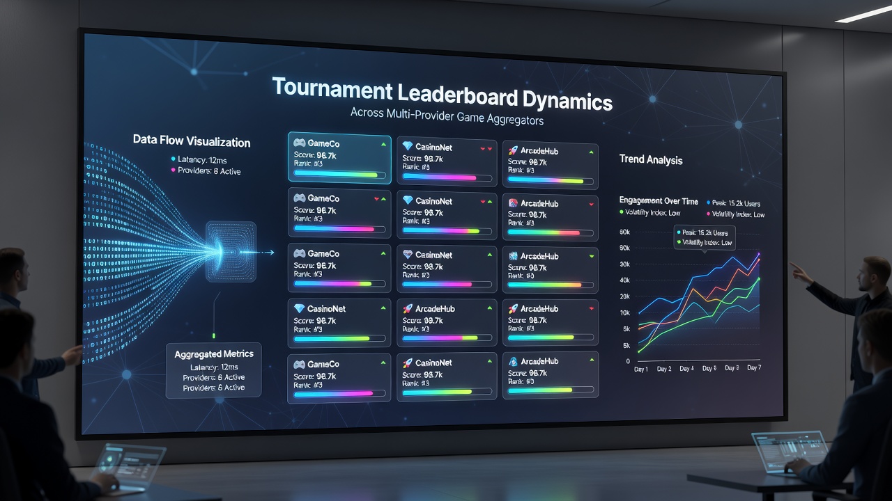 Data flow diagram illustrating how multiple game providers feed into a centralized tournament leaderboard system